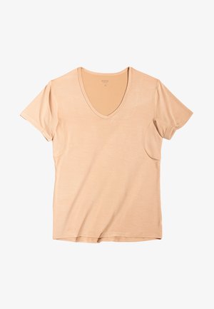 Beige V-Ausschnitt T-Shirt mit kurzen Ärmeln aus weichem Material mit glatter Textur. Verfügt über saubere Nähte und ein lässiges Schnittdesign.