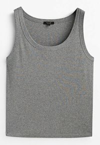 Grå, ærmeløs tanktop lavet af blødt bomuldsblandingsstof. Har en rund halsudskæring og lige kant. Ingen synlige mønstre eller detaljer.