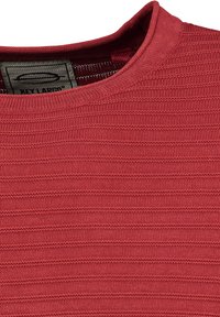 Czerwony sweter z dzianiny z teksturowanym wzorem, z okrągłym dekoltem i subtelnymi poziomymi paskami. Materiał wydaje się miękki i przewiewny.