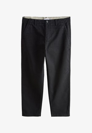 Schwarze Freizeithosen mit Eingrifftaschen vorne, Knopfverschluss, Gürtelschlaufen und geradem Bein.