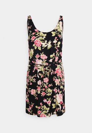 Black floral dress featuring a scoop neckline, sleeveless design, and a fitted waist with a tie. Floral patterns in pink and green are prominent.