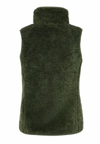 Fleece vesta v tmavozelenej farbe, s vysokým golierom, jemnou textúrou a bez viditeľných uzáverov alebo vreciek, navrhnutá na teplo a pohodlie.
