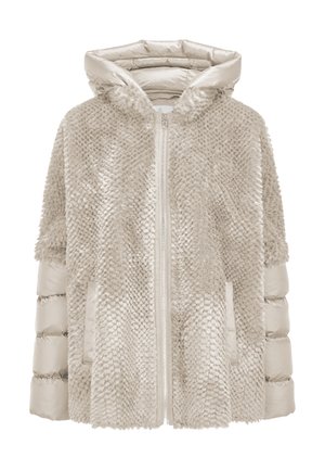 Beige Kapuzenjacke mit strukturiertem Kunstpelz vorne und gesteppte, gepolsterte Ärmel, mit Frontreißverschluss und zwei seitlichen Taschen.