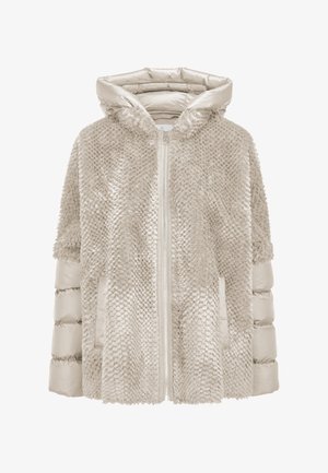 Beige hooded jacket with textured faux fur front and quilted padded sleeves, featuring a front zipper and two side pockets.