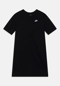 Czarny krótki rękaw koszulka z bawełny z okrągłym dekoltem. Na lewej piersi małe białe logo Nike. Prosty, nieozdobiony wzór.