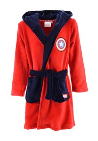 Accappatoio in pile rosso con dettagli blu navy, cappuccio e un grande design dello scudo di Captain America. Presenta una cintura da annodare e due tasche frontali.