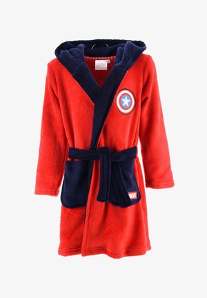 Accappatoio in pile rosso con dettagli blu navy, cappuccio e un grande design dello scudo di Captain America. Presenta una cintura da annodare e due tasche frontali.