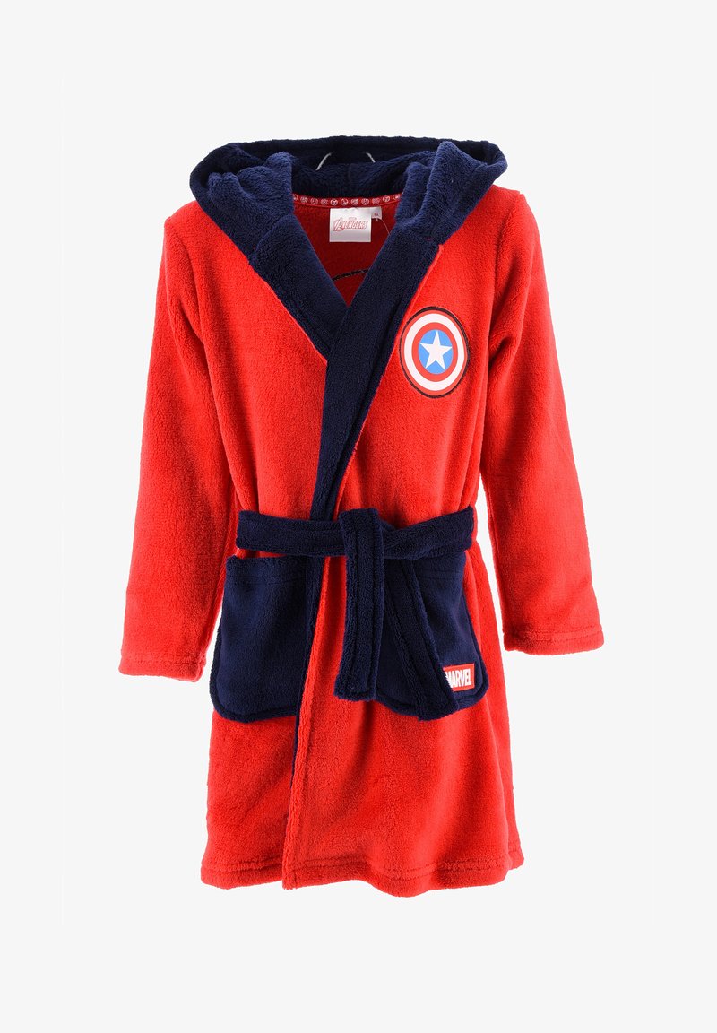 Accappatoio in pile rosso con dettagli blu navy, cappuccio e un grande design dello scudo di Captain America. Presenta una cintura da annodare e due tasche frontali.