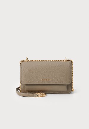 Gray leather handbag with a structured design, featuring a gold chain strap and logo detail. Includes a flap closure and front pocket.