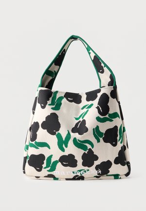 Bolsa de tela blanca con estampado floral abstracto en negro y verde y un solo asa ancha.