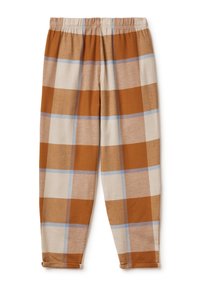 Gekleurde broek in bruin en crème met blauwe accenten, elastische tailleband en taps toelopende benen. Gemaakt van een zachte, gestructureerde stof.