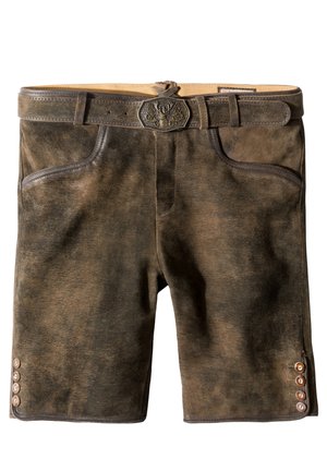 Brune lædershorts med en tekstureret overflade, der har et matchende bælte med en udsmykket spænde og fem knapdetaljer på siderne.