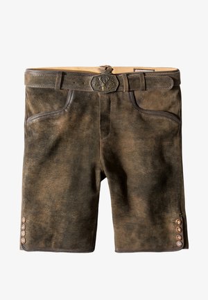 Braune Leder-Shorts mit strukturiertem Finish, versehen mit einem passenden Gürtel mit einer verzierenden Schnalle und fünf Knopfakzenten an den Seiten.
