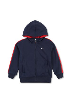 Sudadera con capucha azul marino con cremallera, rayas rojas en las mangas, forro interior rojo en la capucha, dos bolsillos delanteros y pequeño logo blanco de FILA en el pecho.