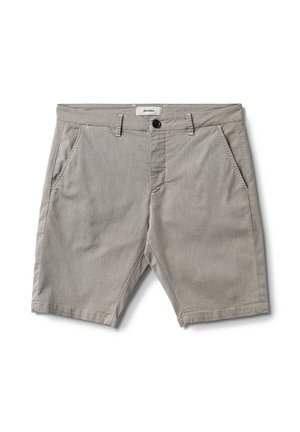 Beige cotton shorts with a textured weave, featuring a front button closure and two side pockets; tailored fit, above the knee length.