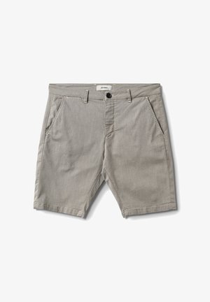 Shorts en coton beiges avec un tissage texturé, dotés d'une fermeture à bouton à l'avant et de deux poches latérales ; coupe ajustée, longueur au-dessus du genou.