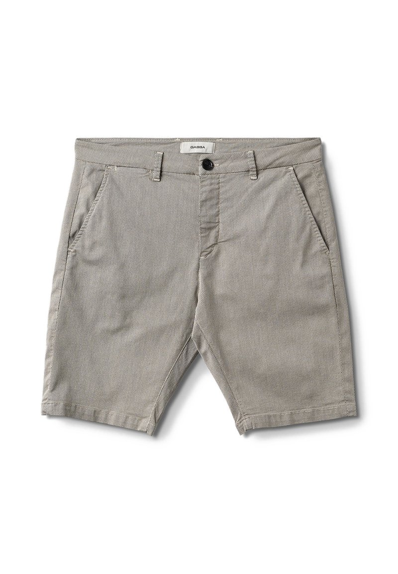 Pantalones cortos de algodón beige con un tejido texturizado, con cierre de botón en la parte frontal y dos bolsillos laterales; corte ajustado, de longitud por encima de la rodilla.