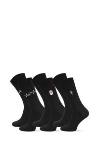 Zestaw pięciu czarnych skarpetek z różnymi haftowanymi wzorami: kolorowymi ozdobami, bałwankiem i choinką. Materiał z mieszanki bawełny.