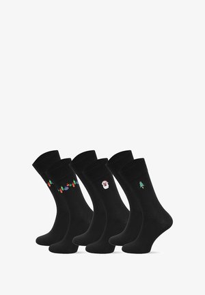 Zestaw pięciu czarnych skarpetek z różnymi haftowanymi wzorami: kolorowymi ozdobami, bałwankiem i choinką. Materiał z mieszanki bawełny.