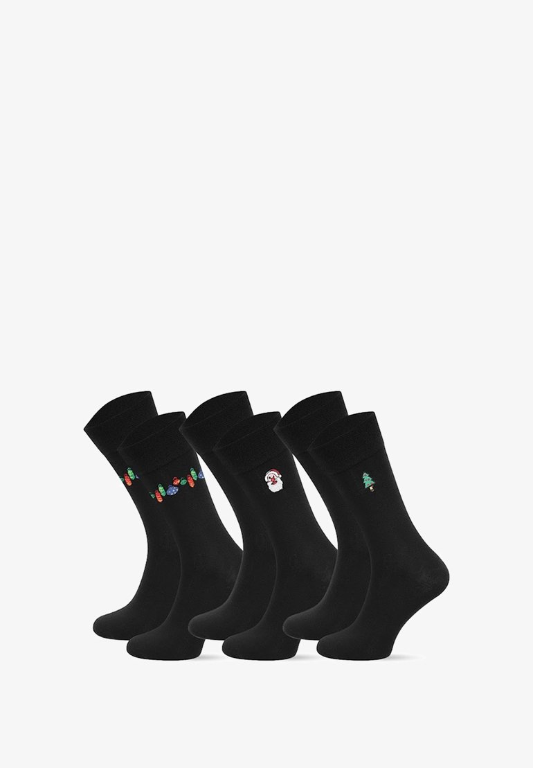 Zestaw pięciu czarnych skarpetek z różnymi haftowanymi wzorami: kolorowymi ozdobami, bałwankiem i choinką. Materiał z mieszanki bawełny.