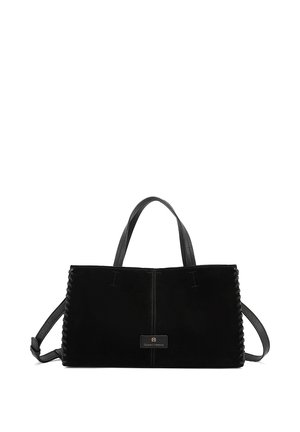 Bolso de mano rectangular negro de cuero con dos asas, detalle de costura lateral, correa de hombro ajustable y placa con el logo de Queen Helena en el frente.