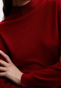 Pull en rouge avec un col haut à côtes, texture douce, manches longues et un design ajusté, mettant en valeur un savoir-faire raffiné.