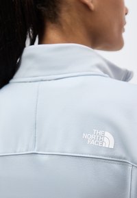 Άτομο που φαίνεται από πίσω, φοράει ένα ανοιχτό γαλάζιο μπουφάν με ψηλό γιακά και το λευκό λογότυπο The North Face στο άνω μέρος της πλάτης.