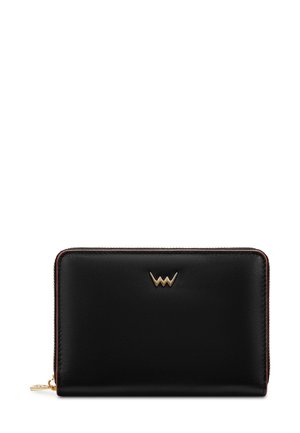 Black leather wallet with gold-tone logo, zip closure, smooth texture, rectangular shape, and contrasting edges for detail.