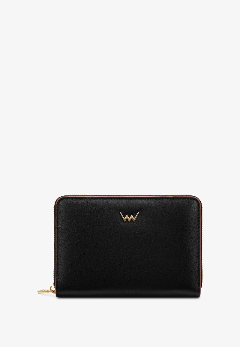 Black leather wallet with gold-tone logo, zip closure, smooth texture, rectangular shape, and contrasting edges for detail.