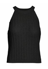 Czarny dzianinowy top na halter z teksturowanym prążkowanym wzorem, z wysokim dekoltem i bez rękawów, wykonany z miękkiego, elastycznego materiału.