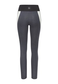 Dark gray leggings with a black waistband and white side panels. Made from a smooth, stretchy material, featuring a fitted design.