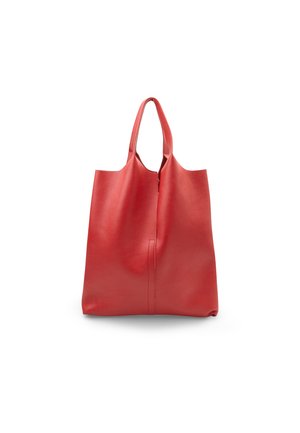 Borsa tote in pelle rossa con doppi manici, texture liscia e semplice cucitura verticale al centro.