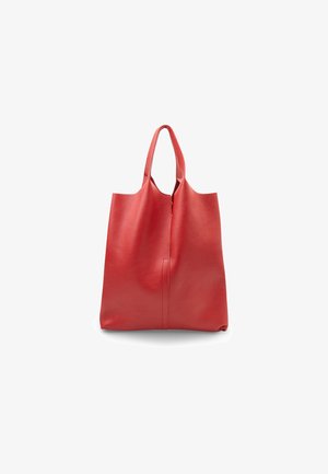 Borsa tote in pelle rossa con doppi manici, texture liscia e semplice cucitura verticale al centro.