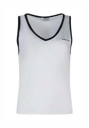 Haut blanc sans manches avec col en V et bordure noire autour de l'encolure et des emmanchures, avec petit logo "Teddy Smith" sur la poitrine.