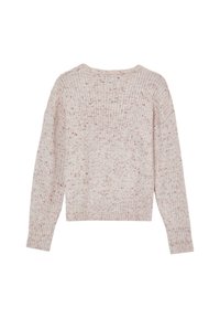Maglione lavorato a maglia in un morbido rosa con texture a costine. Presenta un ampio scollo, maniche lunghe e una lunghezza cropped. Dettagli maculati delicati.