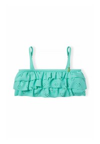 Un top da bagno verde menta con ruches, dotato di spalline sottili, caratterizzato da dettagli perforati e una finitura texture. Il design è giovane e giocoso.
