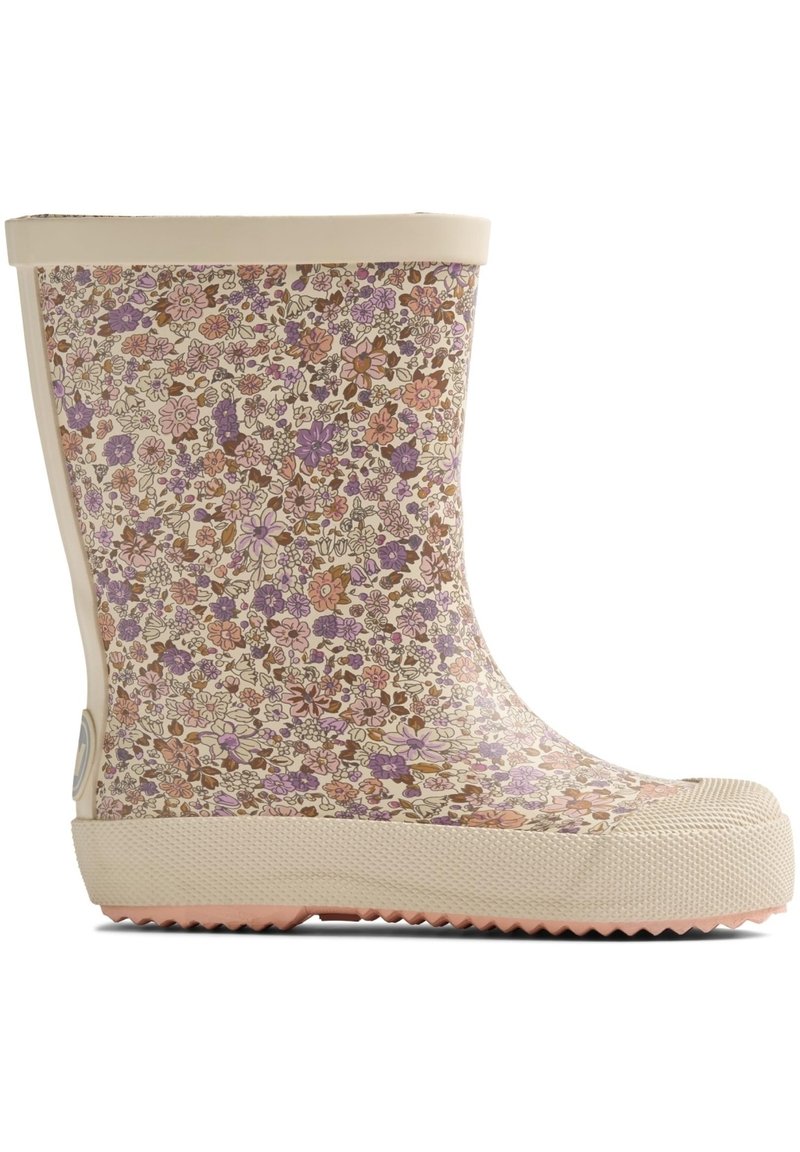 Bottes de pluie en caoutchouc à motif floral dans des tons de crème, rose et lavande. Présentent une semelle texturée et un bout rond pour une meilleure adhérence.