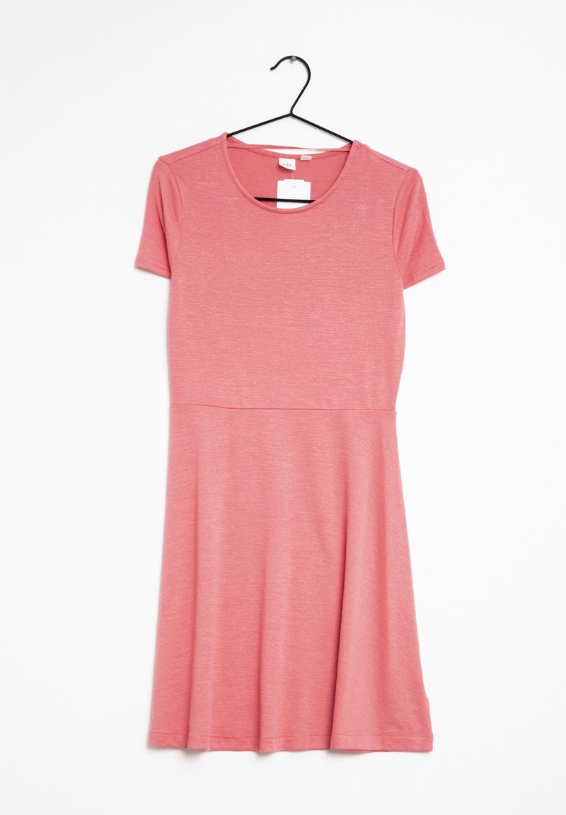 Robe à manches courtes, longueur genoux, de couleur rose clair. Tissu doux et extensible avec un col rond et une jupe évasée. Comprend une étiquette d'entretien.