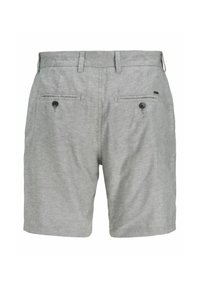 Gray shorts with a textured fabric, two back pockets with button closures, and a classic cut. Features belt loops at the waist.