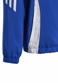 La giacca sportiva blu presenta un tessuto liscio e lucido con dettagli bianchi. Include polsini elasticizzati e una tasca lungo la cucitura laterale.