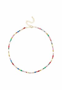 Kolorowy naszyjnik z szklanych koralików na złotym łańcuszku, z prostokątnymi kamieniami w kolorach czerwonym, niebieskim, zielonym, różowym i żółtym, oraz zapięciem na karabińczyk.