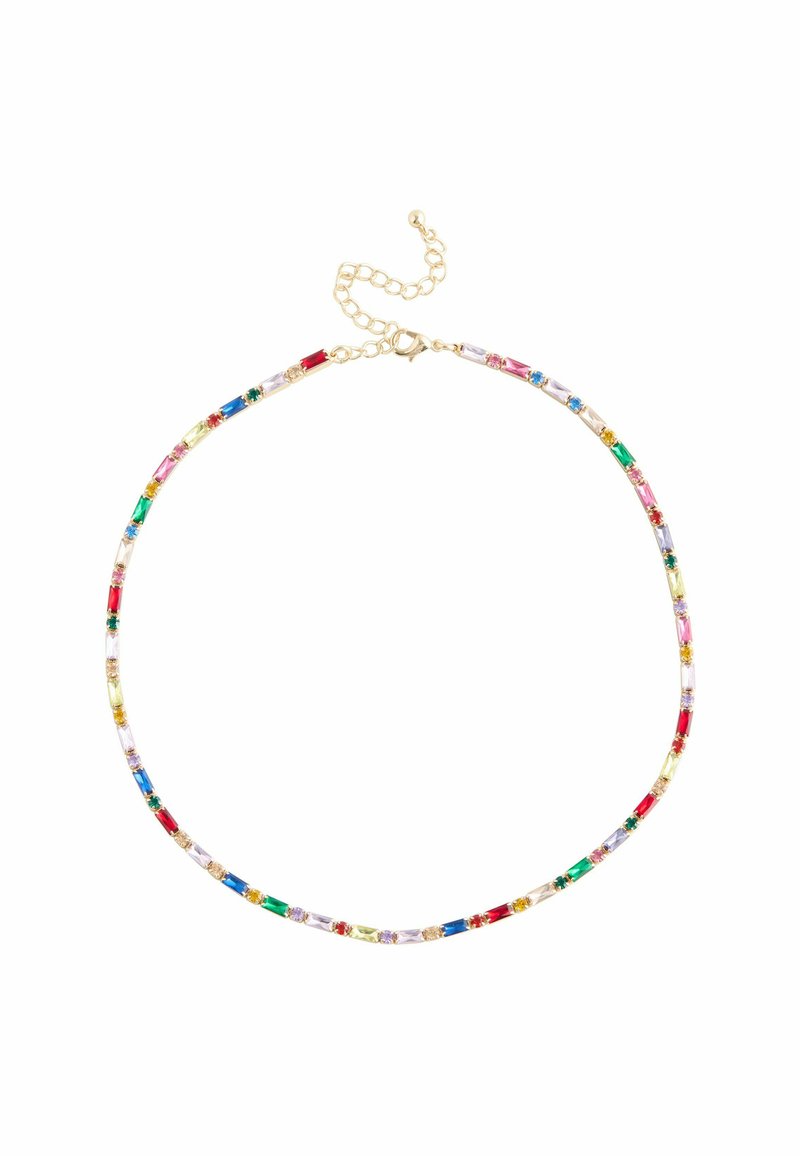 Kolorowy naszyjnik z szklanych koralików na złotym łańcuszku, z prostokątnymi kamieniami w kolorach czerwonym, niebieskim, zielonym, różowym i żółtym, oraz zapięciem na karabińczyk.