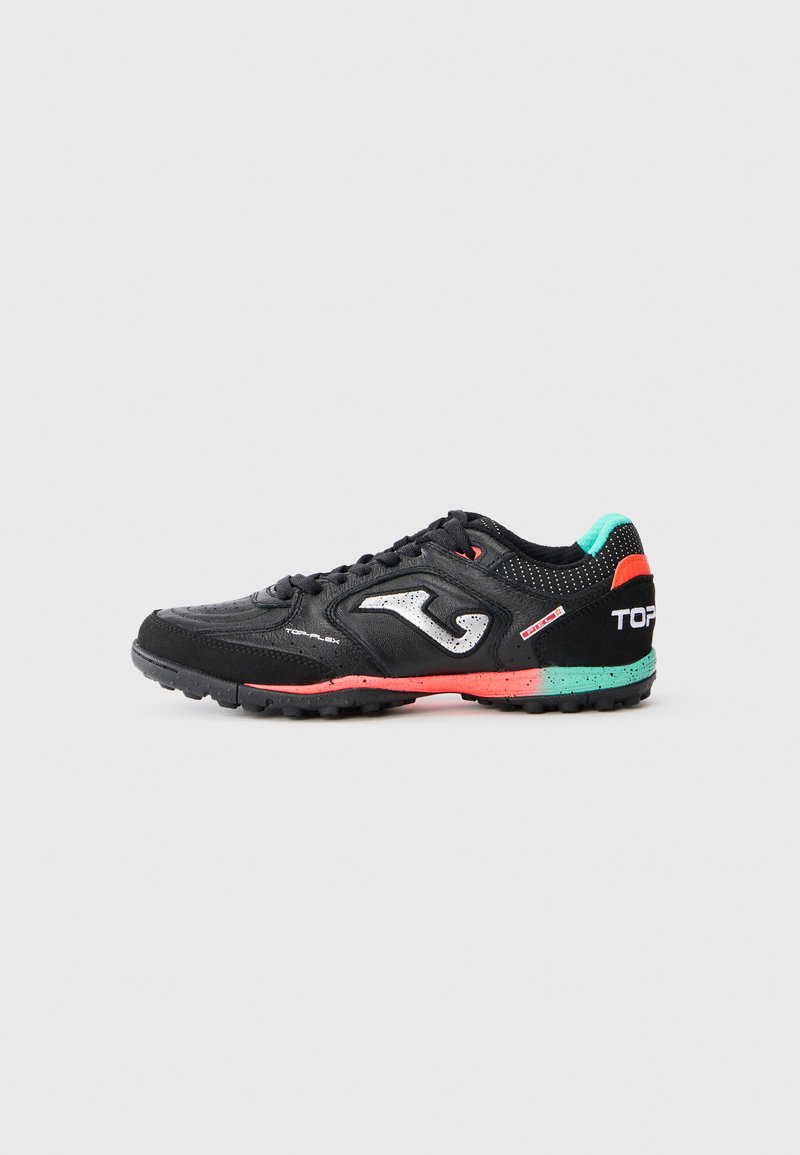 Black athletic shoe with textured upper, neon red and turquoise sole, silver logo accent, and flat lace closure. Designed for performance.