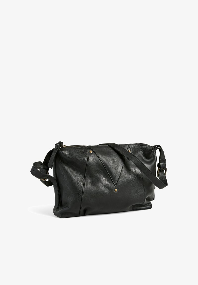 Sac à épaule en cuir noir avec une forme décontractée, présentant des détails de coutures verticales, une fermeture zippée et une bandoulière amovible.