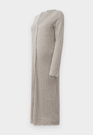 Long, ribbed cardigan in light grey, featuring a v-neckline, long sleeves, and front buttons, made from a soft, textured fabric.