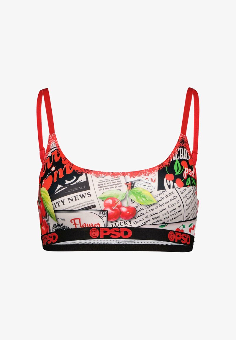 Fargerik BH med kirsebær- og avisprint, røde stropper, svart bånd og en myk, glatt tekstur.
