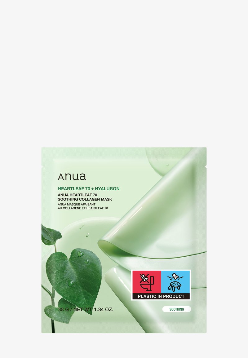 Emballage du masque apaisant au collagène Anua Heartleaf 70 + Hyaluron avec illustration de feuille de cœur verte et label environnemental "plastique dans le produit".