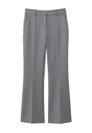 Graue maßgeschneiderte Anzughose mit geradem Bein, Bügelfalte vorne, seitlichen Taschen und Gürtelschlaufen, geeignet für formelle Anlässe oder Bürogebrauch.