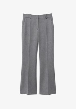 Pantaloni eleganti grigi su misura con gamba dritta, piega frontale, tasche laterali e passanti per cintura, adatti per abbigliamento formale o da ufficio.