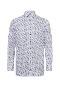 Langermig shirt van witte katoen met een blauw geometrisch patroon, met een kraag met knopen en bruine knopen aan de voorkant.